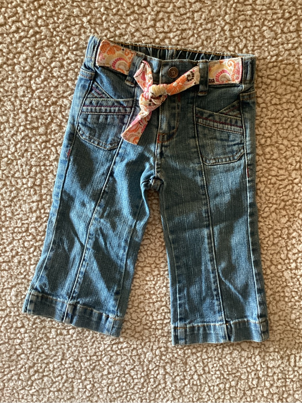 French Toast Blue Denim Bell Bottom Jeans with Paisley Tie Belt 18 month